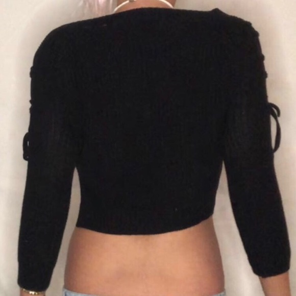 Black Sweater Crop Top Long Sleeve with ties - Picture 2 of 3